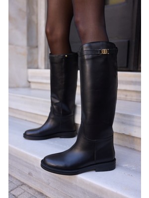 Angelina Jones Ocean Kadın Siyah Gercek Deri Toka Detay Binici Çizme