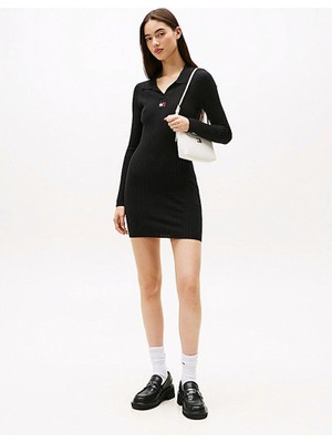 Tommy Hilfiger Tjw Yakalı Armalı Kadın Siyah Elbise DW0DW22183BDS