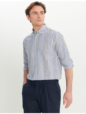 Altınyıldız Classics Regular Fit Düğmeli Yaka Beyaz - Lacivert Erkek Gömlek ACE020252223_BZL
