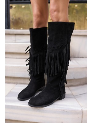 Angelina Jones Pulına Kadın Sıyah Gercek Suet Astarsız Puskullu Cızme