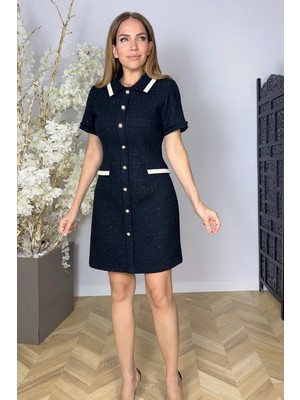 G1606 Düğme Detaylı Tüvit Elbise Siyah