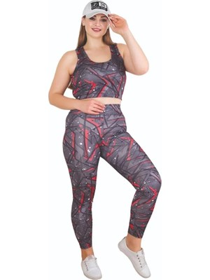 Nightlove Lady Kadın Büyük Beden Yüksek Bel Tayt ve Kalın Askılı Balensiz Crop Top Büstiyer 2'li Takım