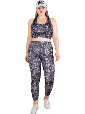 Nightlove Lady Kadın Büyük Beden Yüksek Bel Tayt ve Kalın Askılı Balensiz Crop Top Büstiyer 2'li Takım