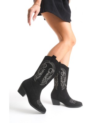 Limeo El Yapımı Sivri Burunlu Topuklu Nakışlı Desen Detaylı Cilt Kadın Fermuarlı Kovboy Çizme