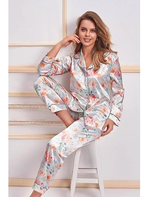 Alissa Kadın Mint Çiçek Desenli Boydan Düğmeli Saten Pijama Takımı