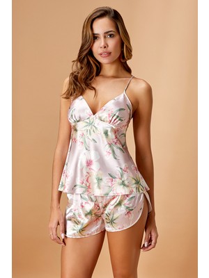 Alissa Kadın Pudra Çiçek Desenli Saten Şortlu Pijama Takımı W.6N6K6.2RK.T.K.S