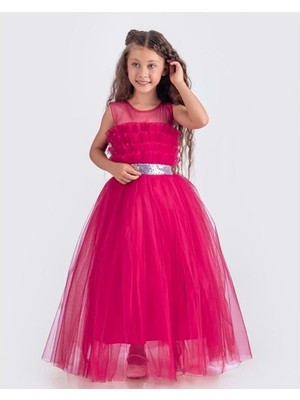 Mnk Baby & Kids Sapes Model Sırt Gipeli Tüllü Kız Çocuk Askılı Saten Abiye MNK0618