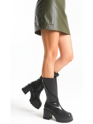 Limeo Kadın Siyah Yuvarlak Burun Kalın Tabanlı Fermuarlı Platform Topuklu Uzun Çizme