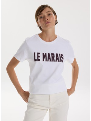 Fabrika Bisiklet Yaka Baskılı Beyaz Kadın T-Shirt F5WL-TST0244