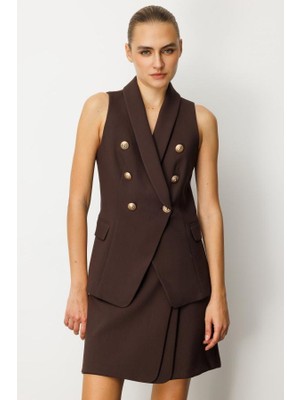 Eskişehir Mağazacılık Ekol Kadın V Yaka Düğmeli Kahverengi Yelek 05009