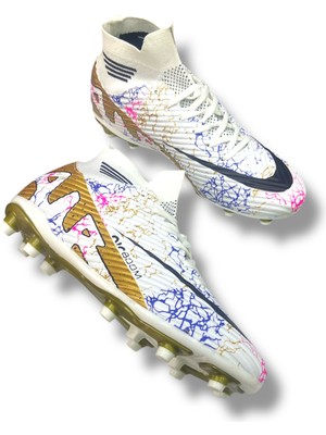 Laliga 45-46-47 Büyük Numara Battal Boy Çoraplı Krampon Beyaz Altın Desenli