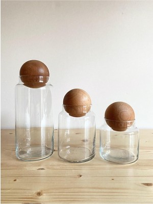 Naturelove Ahşap Top Kapaklı Cam Kavanoz Seti 3’lü Şeffaf Cam Malzemesi ile Estetik Saklama