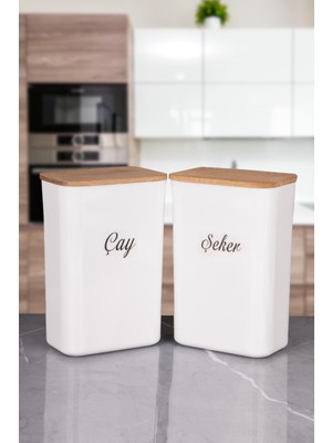 Naturelove 2'li Beyaz Çay - Şeker ve Erzak Saklama Kutusu Ahşap Vakumlu Kapaklı 3 Lt Akrilik Etiketli