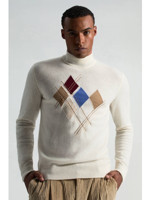 Hemington Lambswool Yün Argyle Desenli Lupetto Yaka Ekru Kazak