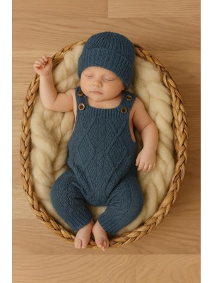 Kız Erkek Bebek Ayarlanabilir Askılı Baklava Desenli Bereli Triko Salopet Takımı