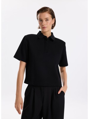 Fabrika Polo Yaka Düz Siyah Kadın Bluz F5WL-TST0480