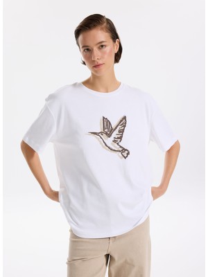 Fabrika Bisiklet Yaka Baskılı Beyaz Kadın T-Shirt F5WL-TST0384