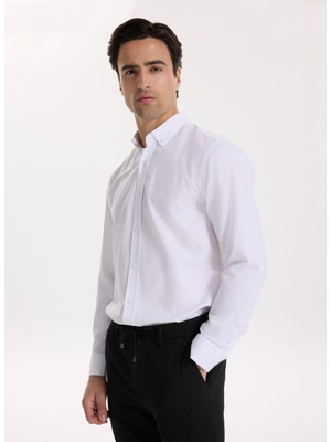 Fabrika Slim Fit Düğmeli Yaka Armürlü Beyaz Erkek Gömlek Maydos-Y 430
