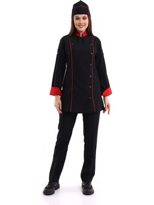 Kadın Aşçı Ceket 01 - Siyah Kırmızı Biye