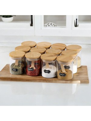 Naturelove 12'li Bambu Kapaklı Cam Baharatlık Seti Etiket+Kaşık 200 ml Modern Mutfak Aksesuarı