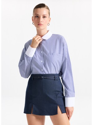 Fabrika Loose Fit Gömlek Yaka Çizgili Lacivert - Beyaz Kadın Gömlek F5WL-GML0389