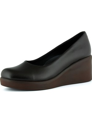 Erkan Saçmacı Mabel Kahverengi Hakiki Dana Derisi Yuvarlak Burun Dolgu Topuklu Günlük Ayakkabı