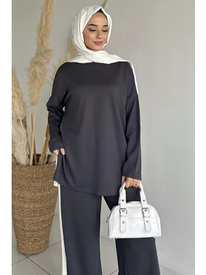 Julude Şerit Desenli Tunik Bel Lastikli Pantolon Tesettür Ikili Takım P-00018892