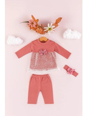 İklimix Bebek Kız Pamuklu 3’lü Takım – Dantel Detaylı Elbise, Tayt ve Fiyonklu Saç Bandı