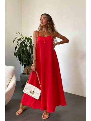 Kırmızı Özel Aerobin Kumaş Ayarlanabilir Askılı Uzun Kırmızı Elbise