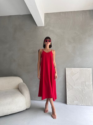 Kadın Kırmızı Keten Ayarlanabilir Ip Askılı Midi Elbise