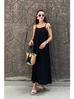 5400 Kadın V Yaka Ayarlanabilir Askılı Uzun Boy Elbise