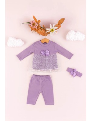 İklimix Bebek Kız Pamuklu 3’lü Takım – Dantel Detaylı Elbise, Tayt ve Fiyonklu Saç Bandı