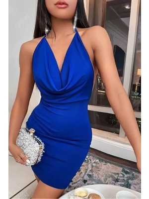 Süper Mini Gece Elbisesi Sırt Dekolteli Mavi