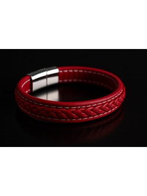 Paslanmaz Çelik Manyetik Klipsli Kırmızı Örgülü Deri Erkek Bileklik