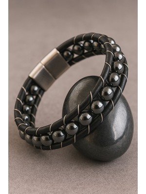 Şık ve Zarif Tasarım Siyah Deri Hematit Taşlı Manyetik Erkek Bileklik