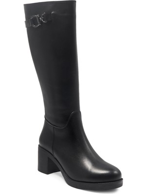 Zeytuk Siyah Klasik Deri Kadın Çizme