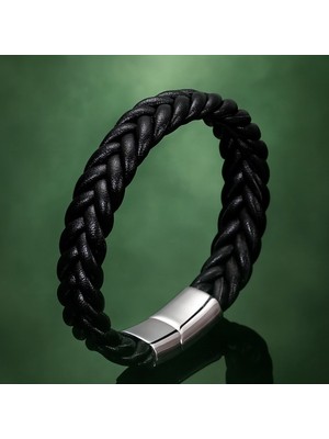 Kahve & Siyah Renk Seçenekli Mıknatıslı Çelik Kilitli Şık Model Erkek Örgü Deri Bileklik