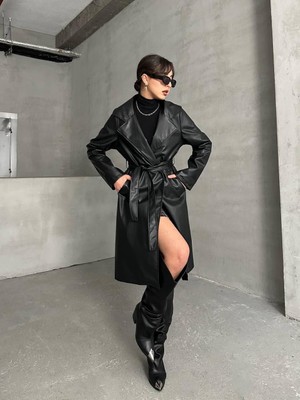 Kuşaklı Astarlı Deri Uzun Trenç Pardesü