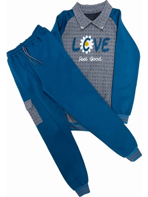 Modanino Kız Çocuk Kargo Cepli Gömlek Yakalı ve Yaka Taşlı 3 Iplik  Alt Üst Takım 12328