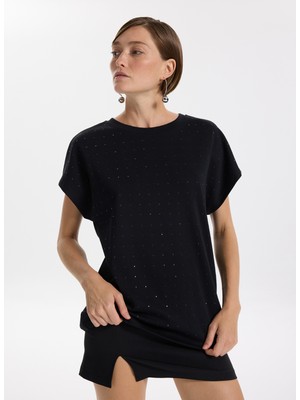 Fabrika Bisiklet Yaka Taşlı Siyah Kadın T-Shirt F5WL-TST0247