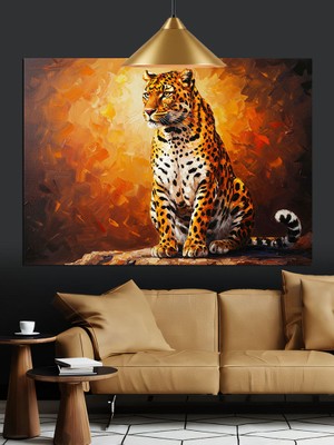 Oturan Leopar Siyah Arka Plan Dekoratif Kanvas - Mdf Ahşap Tablo