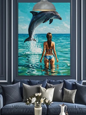Karizma Tablo Okyanusta Zıplayan Mavi Yunus Balığı Dekoratif Kanvas - Mdf Ahşap Tablo