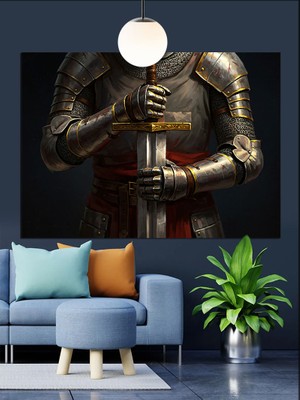 Karizma Tablo Zırhlı Şövalye Kılıç Duruş Dekoratif Kanvas - Mdf Ahşap Tablo