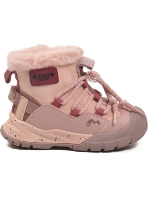 Marco Kids Pudra Renkli Kürklü Kaymaz Kız Çocuk Bot Suni Deri Malzeme ile Düz Topuklu Tasarım 22672 P