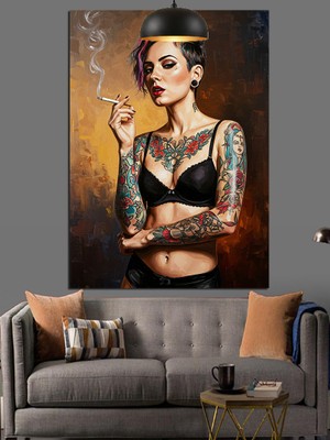 Karizma Tablo Dövme Sanatına Sahip Modern Kadın Dekoratif Kanvas - Mdf Ahşap Tablo