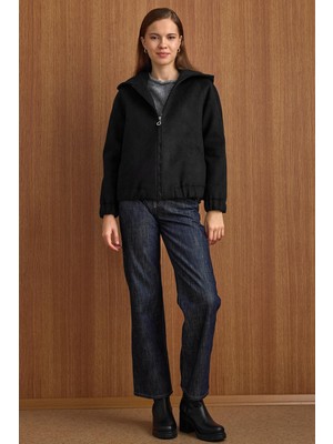 Olcay Kapüşonlu Beli Lastikli Oversize Kısa Kaban SİYAH 3162