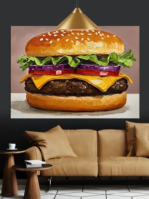 Artmeg Büyük Peynirli Çift Katlı Hamburger Dekoratif Kanvas - Mdf Ahşap Tablo