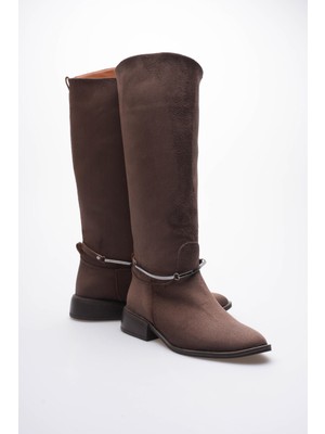 Mubiano Kadın Süet Çizme Tokalı Kalın Topuklu Kahve Miretta