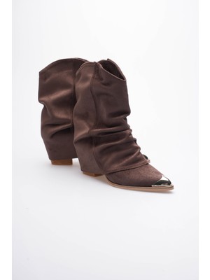 Mubiano Kadın Süet Bot Körüklü Çekme Platin Detaylı Western Kahve Milora