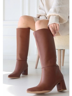 Butik Roksa Taba Cilt Topuklu Çizme